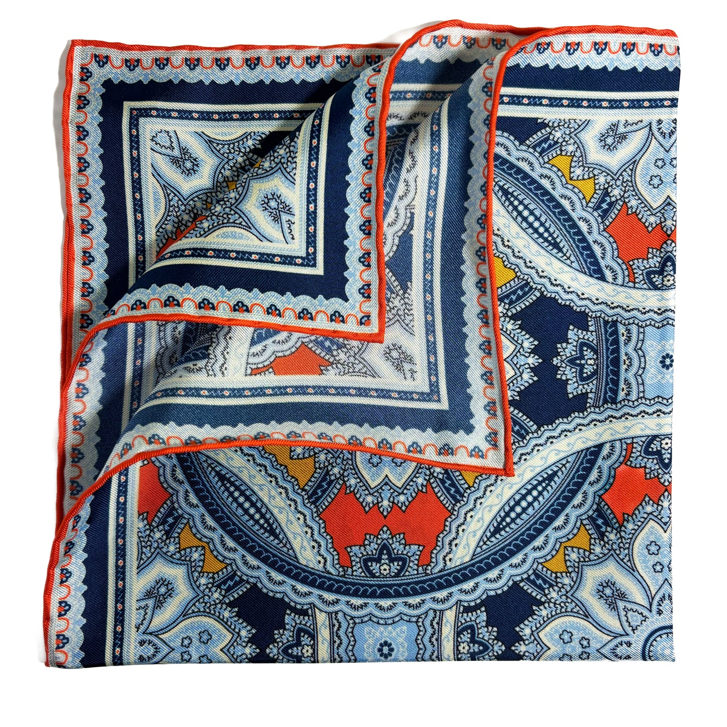 Orange & Light Blue Large Medallion Silk Pocket Square