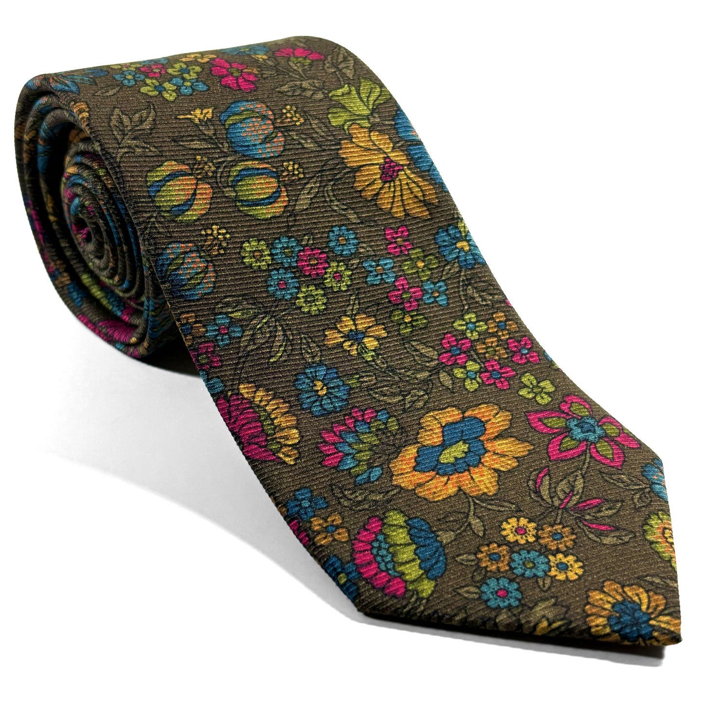 Olive Green Floral Motif Italian Madder Silk Tie