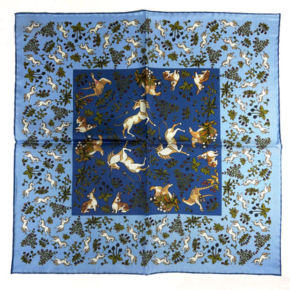 Light Blue & Blue Unicorn Motif Ancient Madder Silk Pocket Square