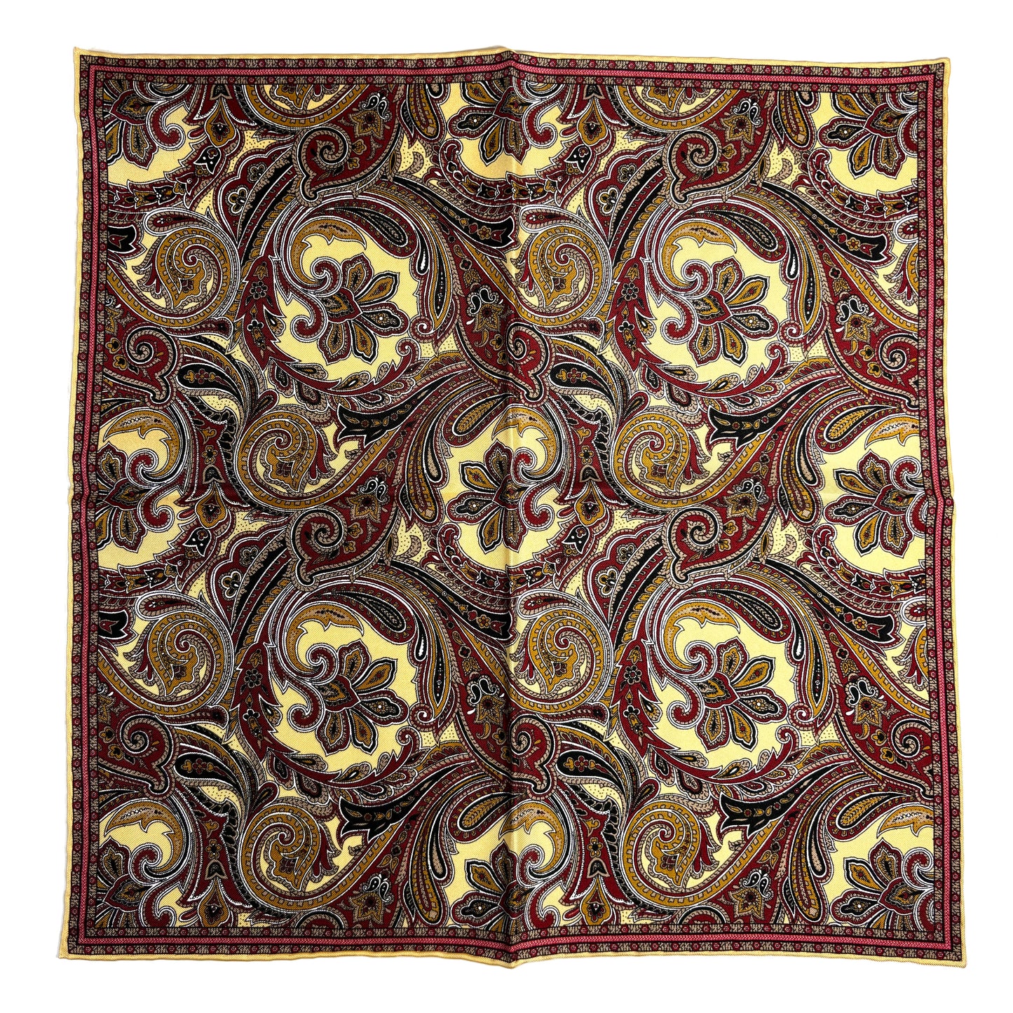 Buff Yellow & Burgundy Paisley Silk Pocket Square