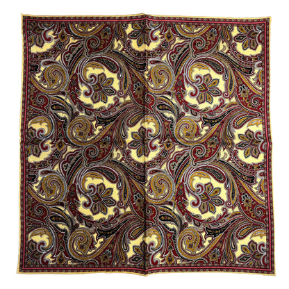 Buff Yellow & Burgundy Paisley Silk Pocket Square