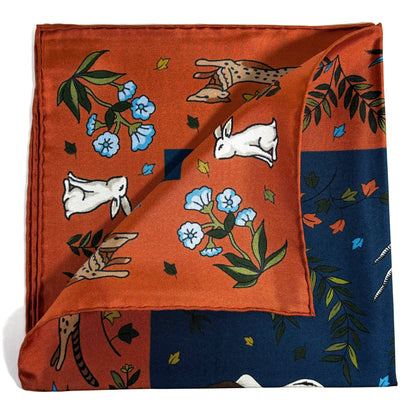 Navy Blue & Orange Gazelle Motif Ancient Madder Silk Pocket Square