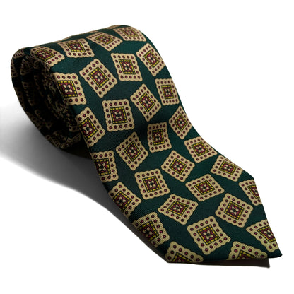 Hand-Printed Bottle Green Block Geometric Silk Tie