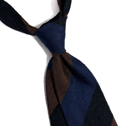 Untipped Blue / Brown Block Stripe Silk Shantung Tie