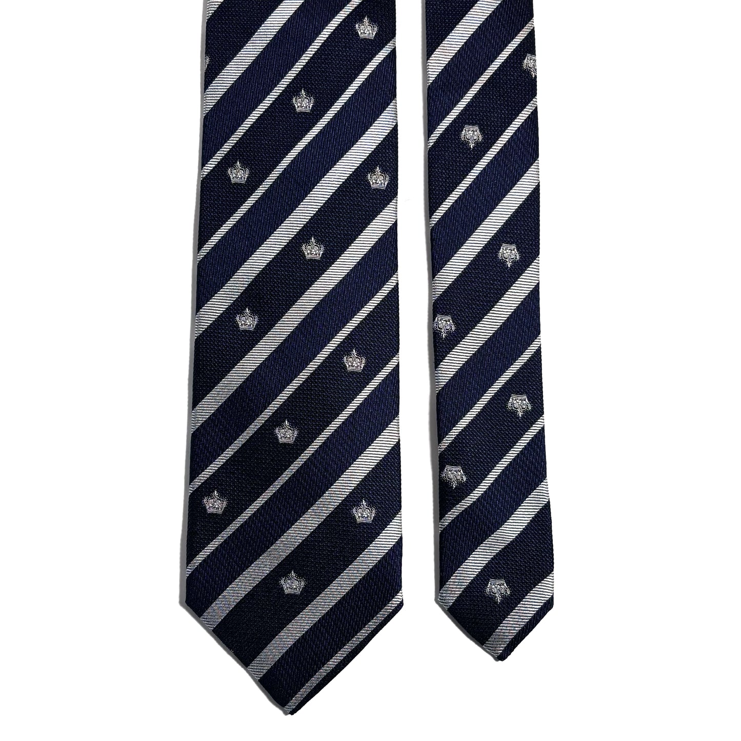Navy Blue & Silver Regimental Stripe Jacquard Silk Tie w/ Crown Motif