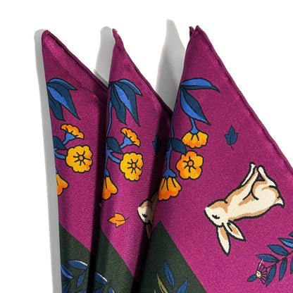 Forest Green & Purple Gazelle Motif Ancient Madder Silk Pocket Square