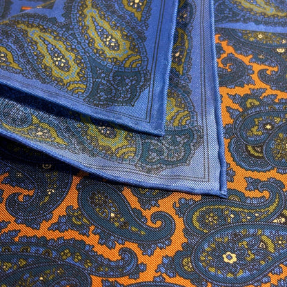 Burnt Orange & Blue Paisley Ancient Madder Silk Pocket Square
