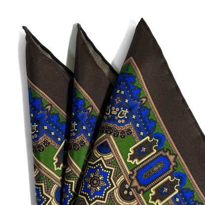 Brown & Green Geometric Silk Pocket Square