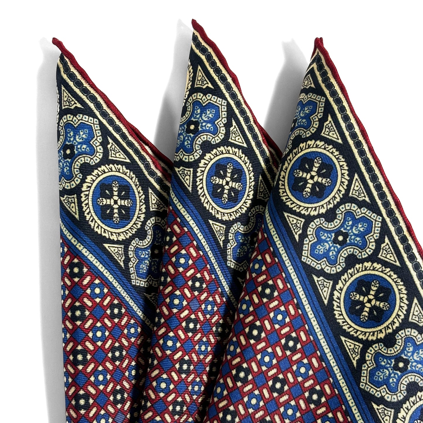 Navy Blue & Cream Small Geometric Ancient Madder Silk Pocket Square