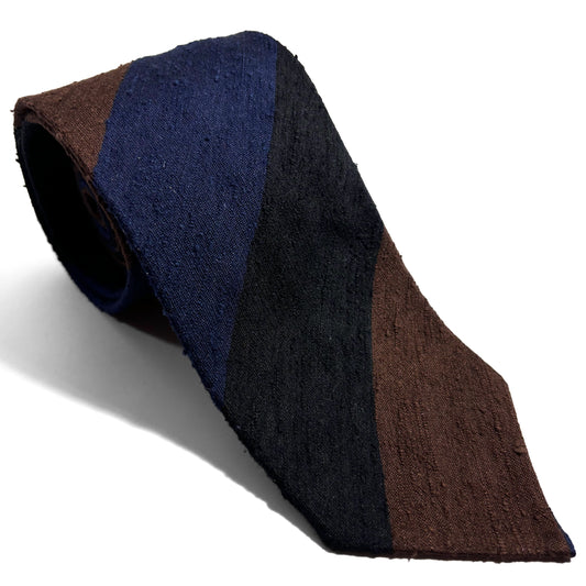 Untipped Blue / Brown Block Stripe Silk Shantung Tie