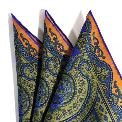 Burnt Orange & Olive Green Medallion Ancient Madder Silk Pocket Square