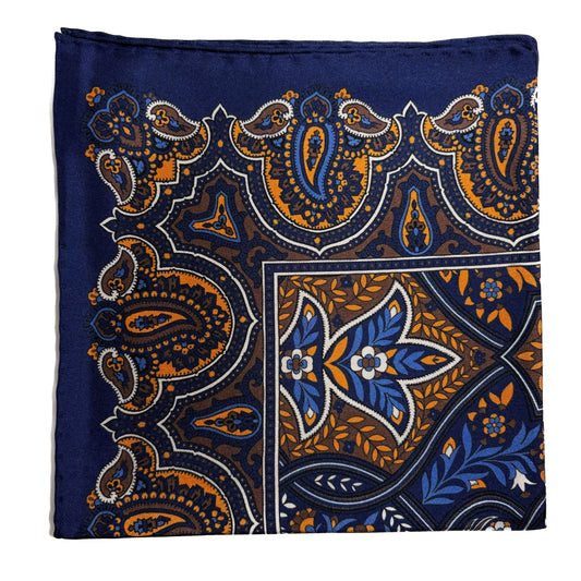 Navy Blue & Gold Floral Paisley Silk Pocket Square