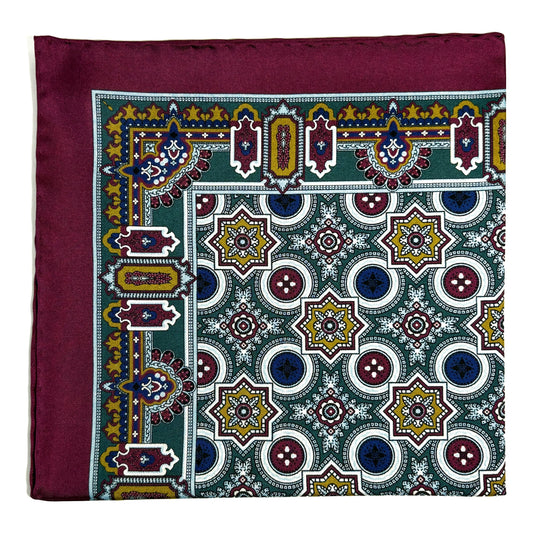 Burgundy & Green Geometric Silk Pocket Square