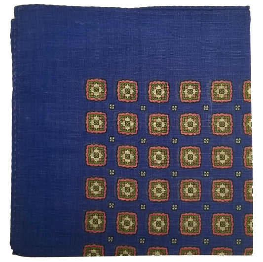 12.5" Blue Geometric Linen/Cotton Pocket Square