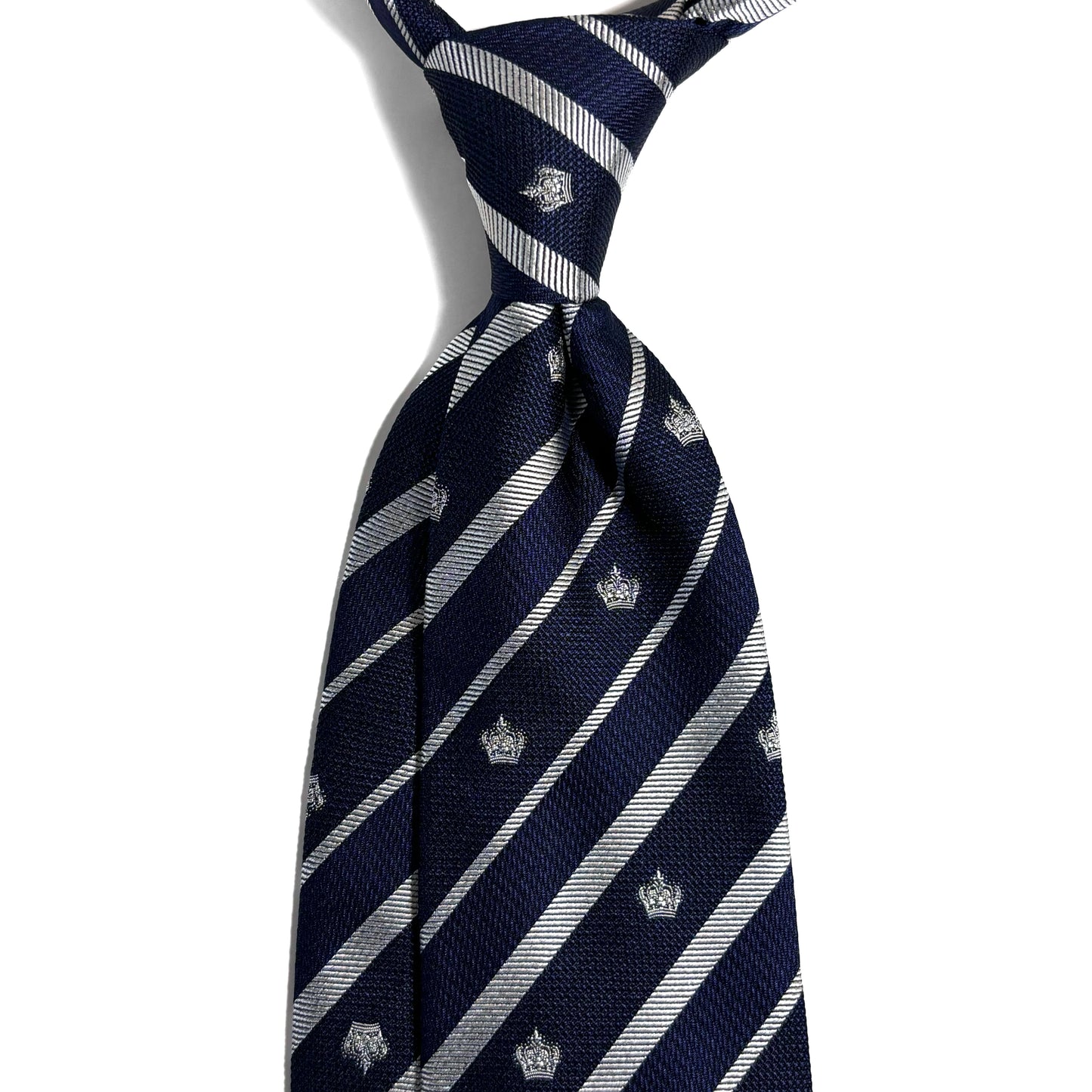 Navy Blue & Silver Regimental Stripe Jacquard Silk Tie w/ Crown Motif