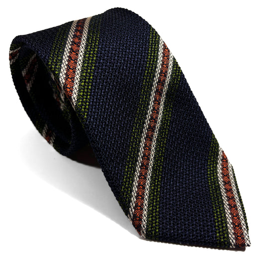 Navy Blue & Orange/Green Stripe Silk Grenadine Tie (Garza Fina)