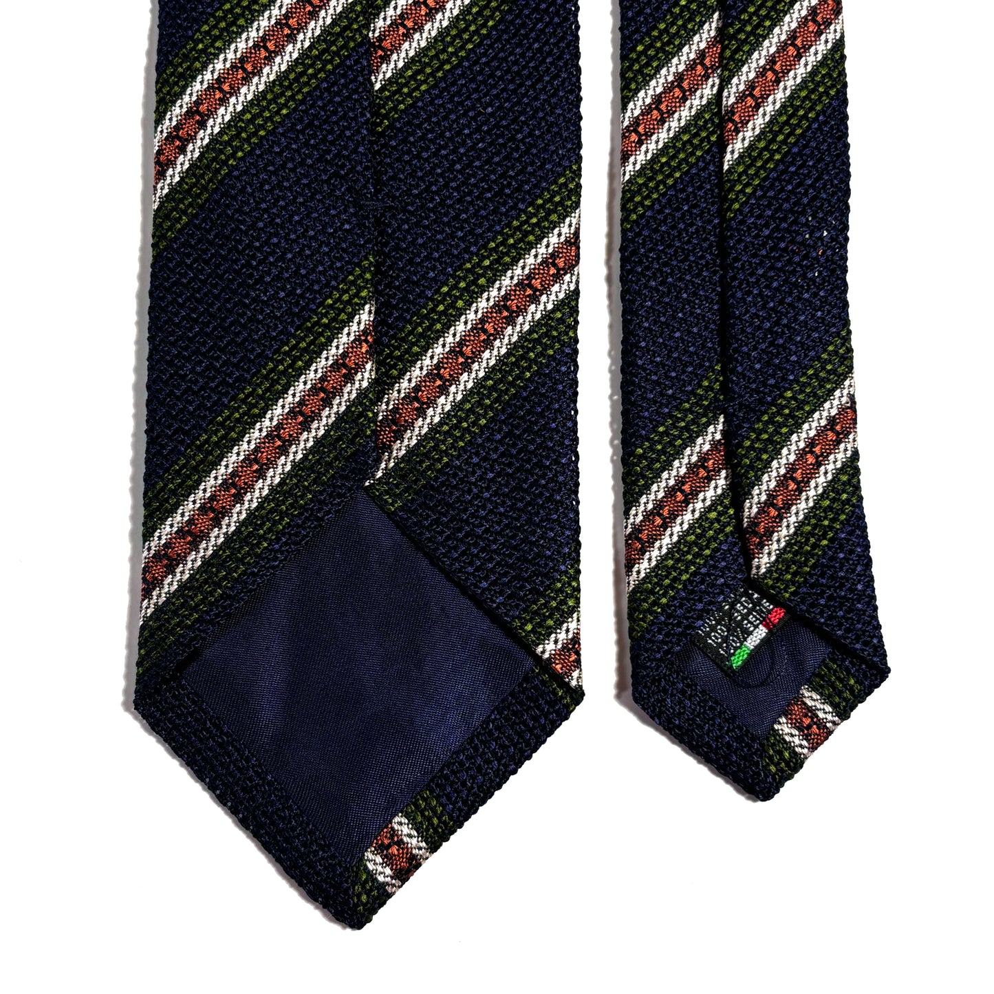 Navy Blue & Orange/Green Stripe Silk Grenadine Tie (Garza Fina)
