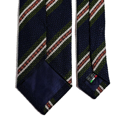 Navy Blue & Orange/Green Stripe Silk Grenadine Tie (Garza Fina)