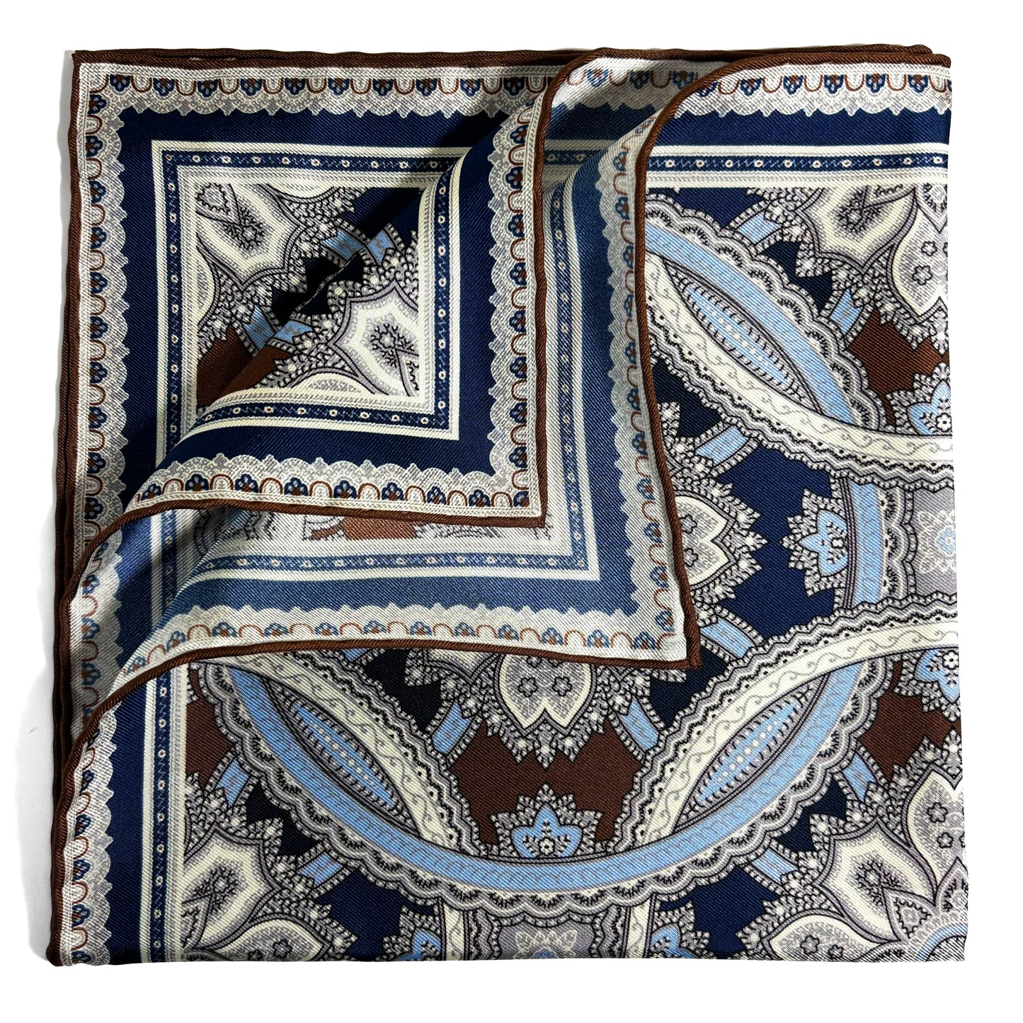 Brown & Light Blue Large Medallion Silk Pocket Square