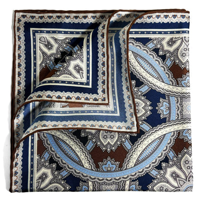 Brown & Light Blue Large Medallion Silk Pocket Square