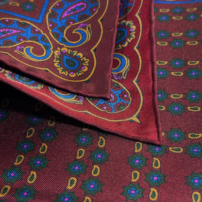 Burgundy Small Paisley Ancient Madder Silk Pocket Square