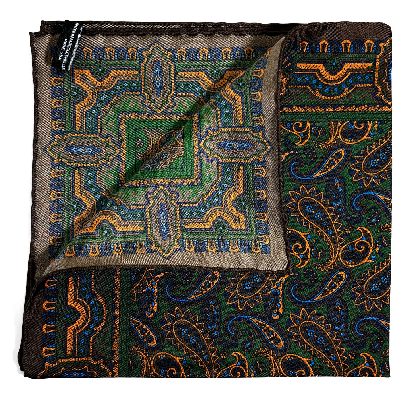 Brown & Green Paisley Silk Pocket Square