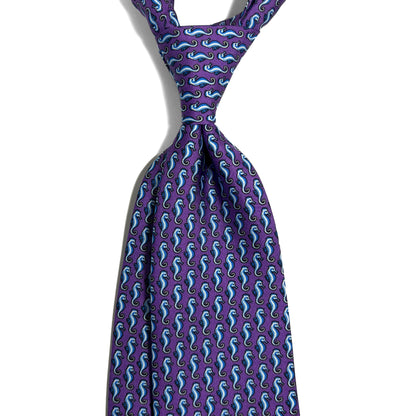 Purple Seahorse Motif Silk Tie