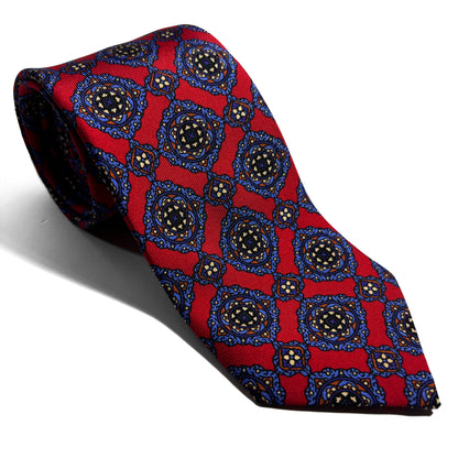 Hand-Printed Red Geometric Medallion Ancient Madder Silk Tie