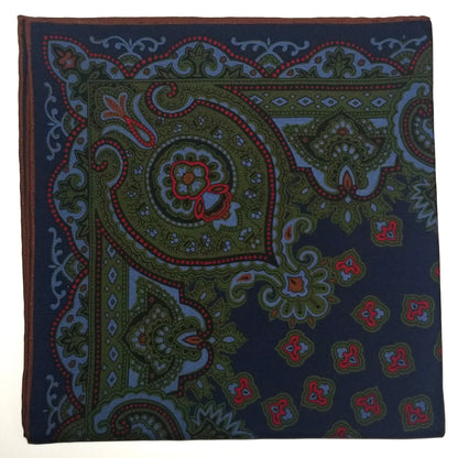 Screen-Printed Navy Blue & Green Geometric Ancient Madder Silk Pocket Square