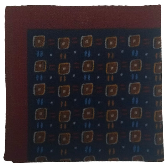 12" Navy Blue / Burgundy Geometric Wool Challis Pocket Square