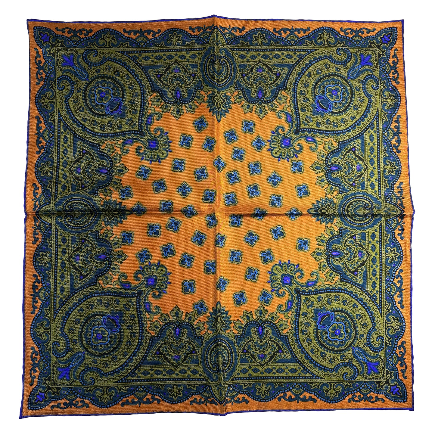 Burnt Orange & Olive Green Medallion Ancient Madder Silk Pocket Square