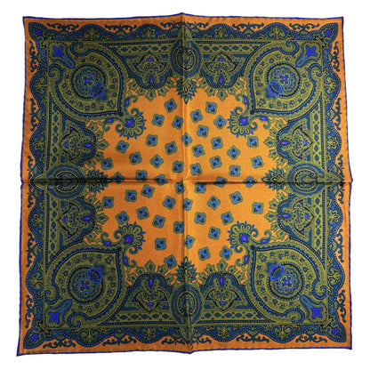 Burnt Orange & Olive Green Medallion Ancient Madder Silk Pocket Square