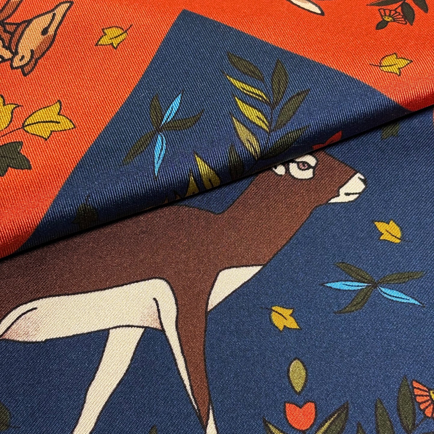 Navy Blue & Orange Gazelle Motif Ancient Madder Silk Pocket Square