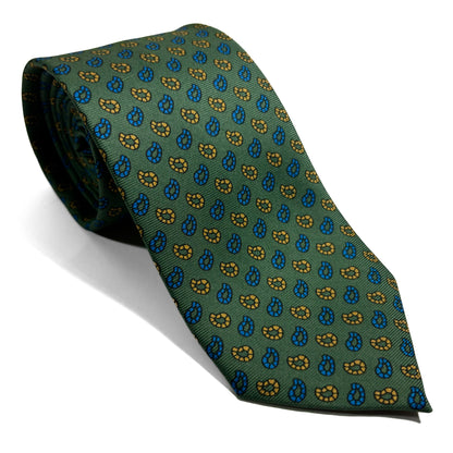 Hand-Printed Green Small Paisley Silk Tie