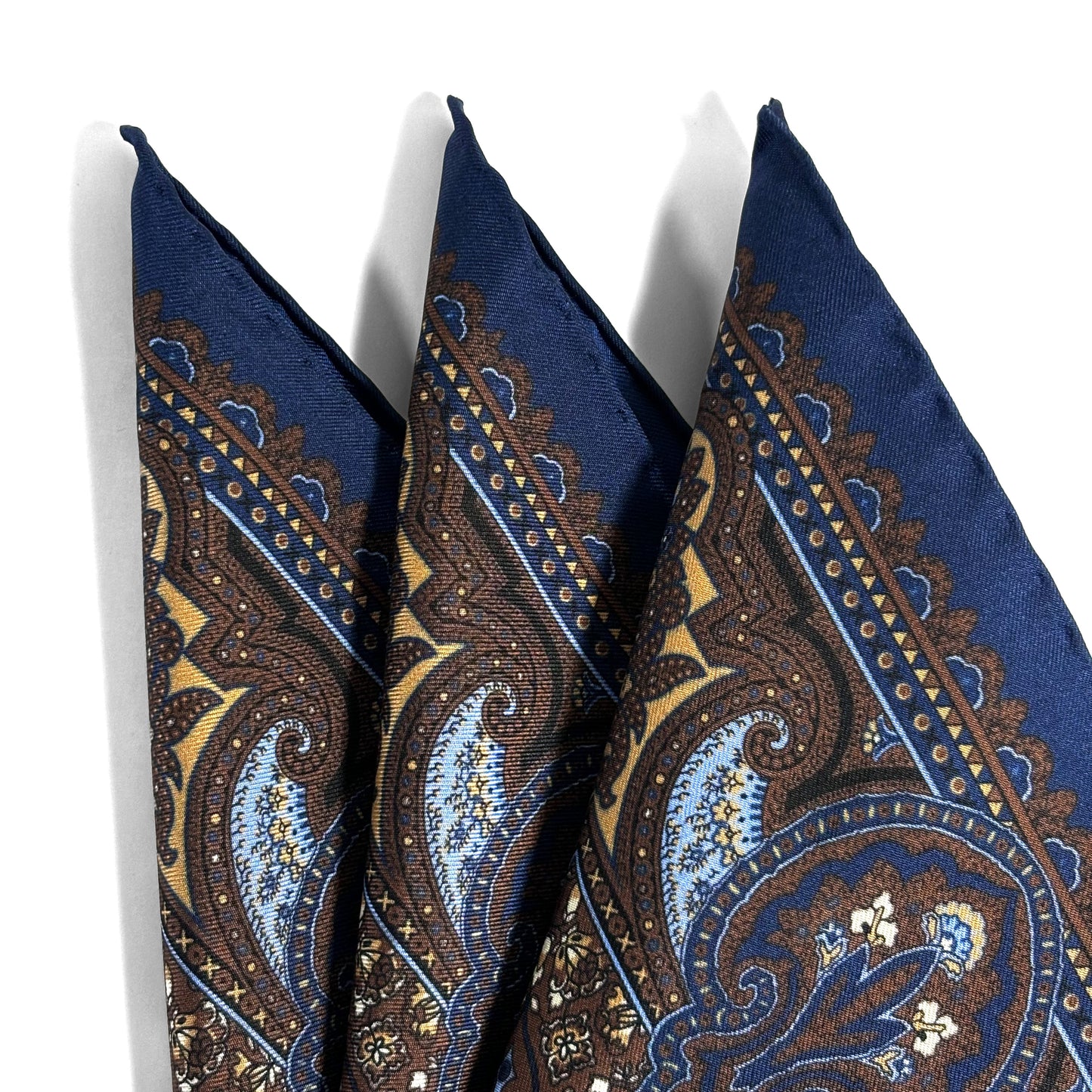 Navy Blue & Brown Floral Medallion Ancient Madder Silk Pocket Square