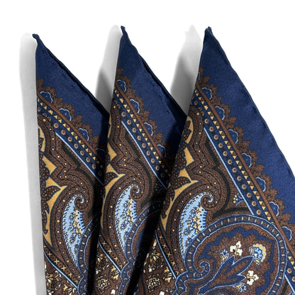 Navy Blue & Brown Floral Medallion Ancient Madder Silk Pocket Square
