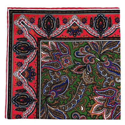 Green & Coral Red Paisley Silk Pocket Square