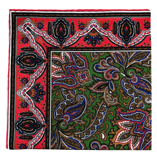 Green & Coral Red Paisley Silk Pocket Square