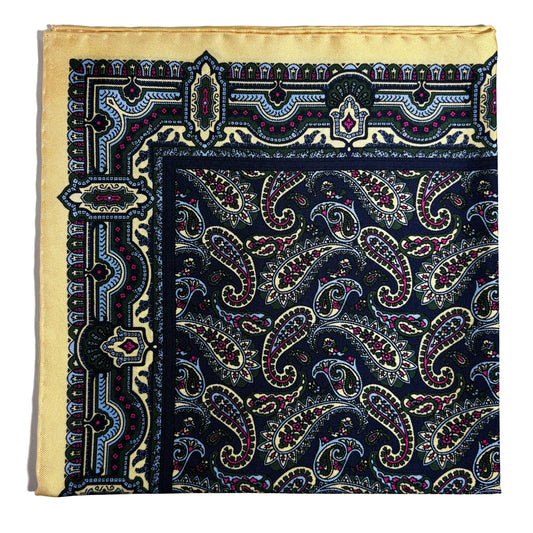 Navy Blue & Cream Paisley Silk Pocket Square