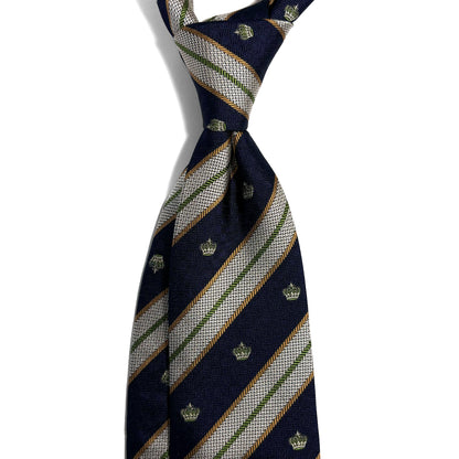 Navy Blue & Silver Striped Crown Motif Silk Jacquard Tie