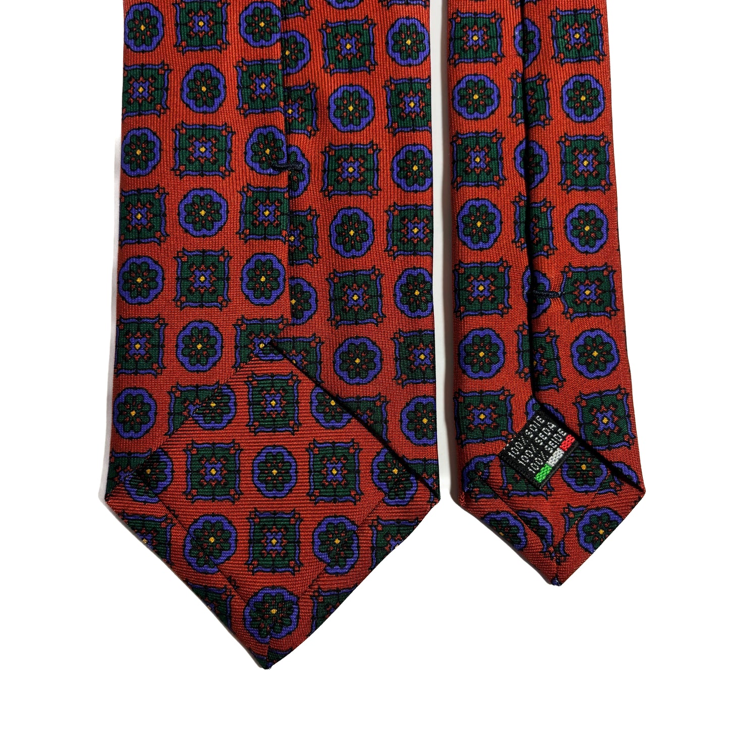 Hand-Printed Terracotta Orange Geometric Ancient Madder Silk Tie