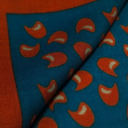 12" Teal / Orange Geometric Wool Challis Pocket Square