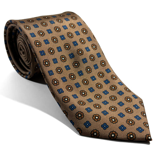 Beige Floral Printed Silk Twill Tie