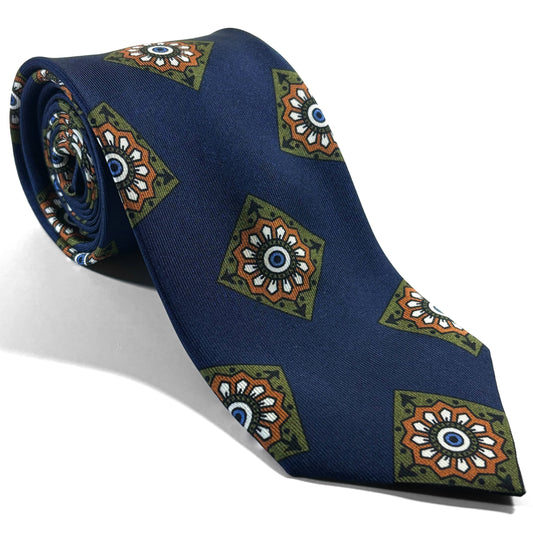 Navy Blue & Orange Large Square Printed 36oz Silk Twill Tie