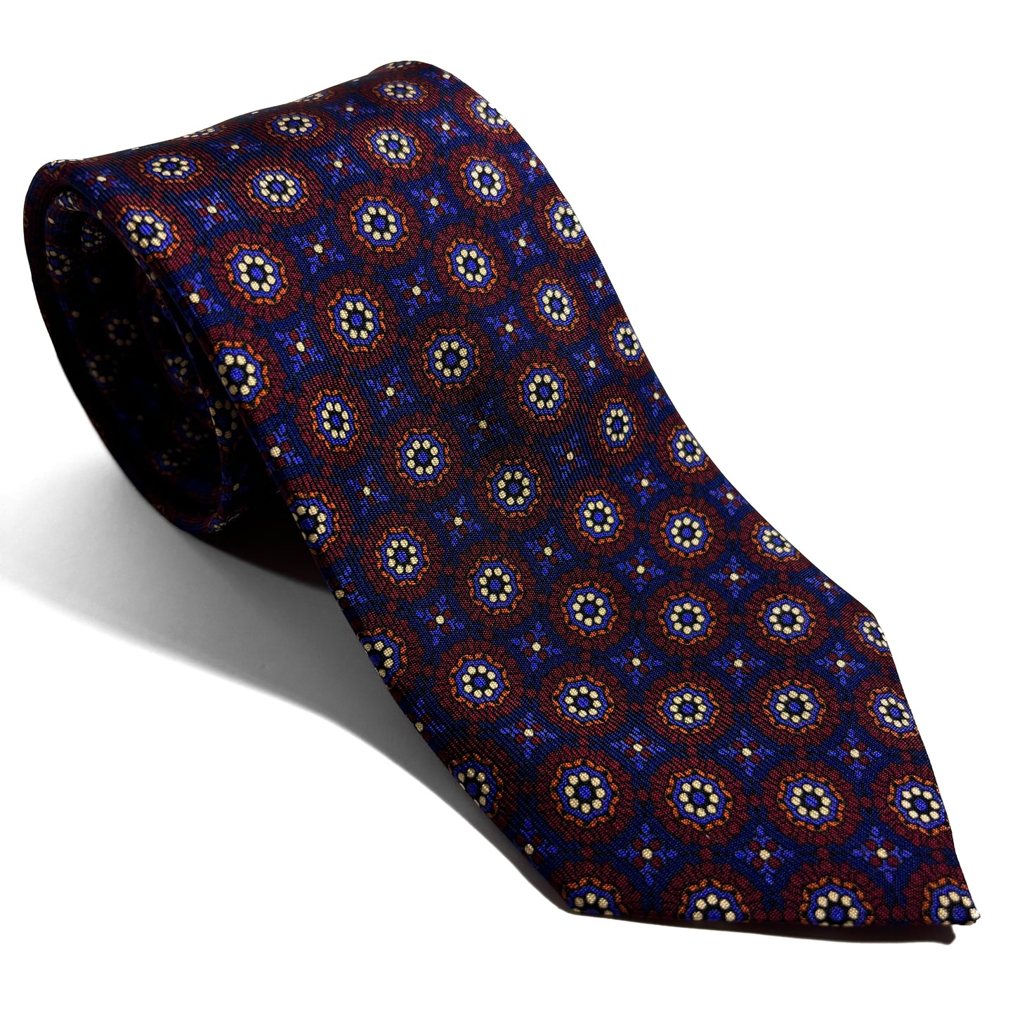 Hand-Printed Navy Blue & Burgundy Geometric Ancient Madder Silk Tie