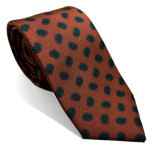 Slim Screen-Printed Light Brown Paisley Foulard Silk Tie