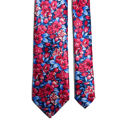 Red & Blue Floral Motif Silk Satin Tie