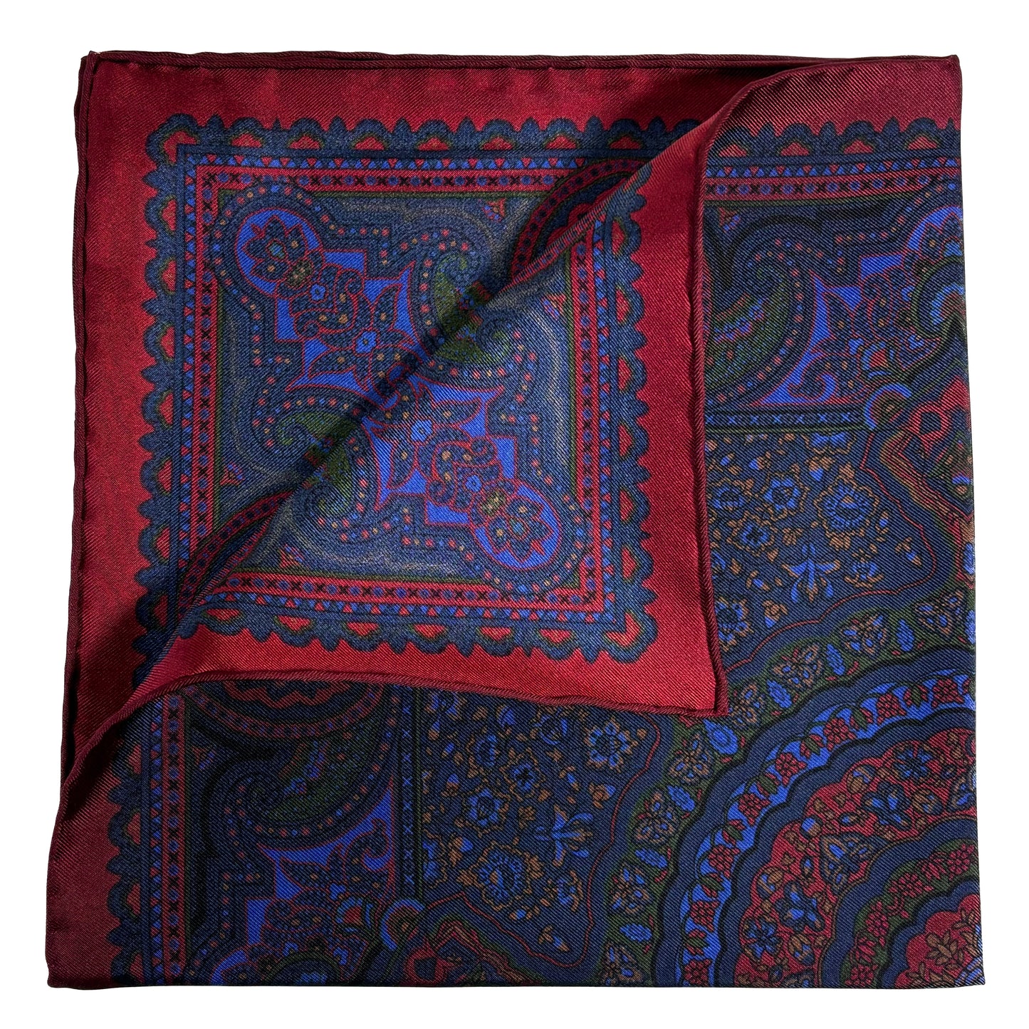 Navy Blue & Burgundy Floral Medallion Ancient Madder Silk Pocket Square