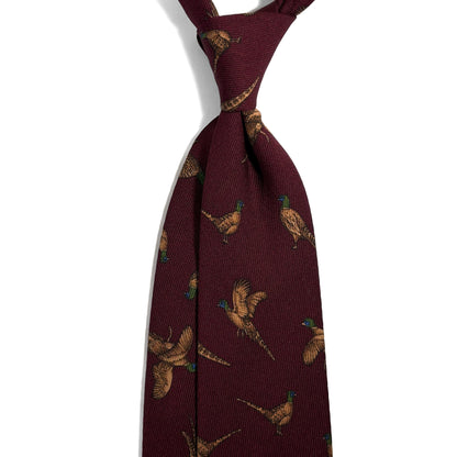 Burgundy Pheasant Print Italian Madder Silk Tie