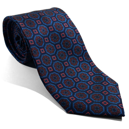 Hand-Printed Navy Blue Geometric Silk Tie